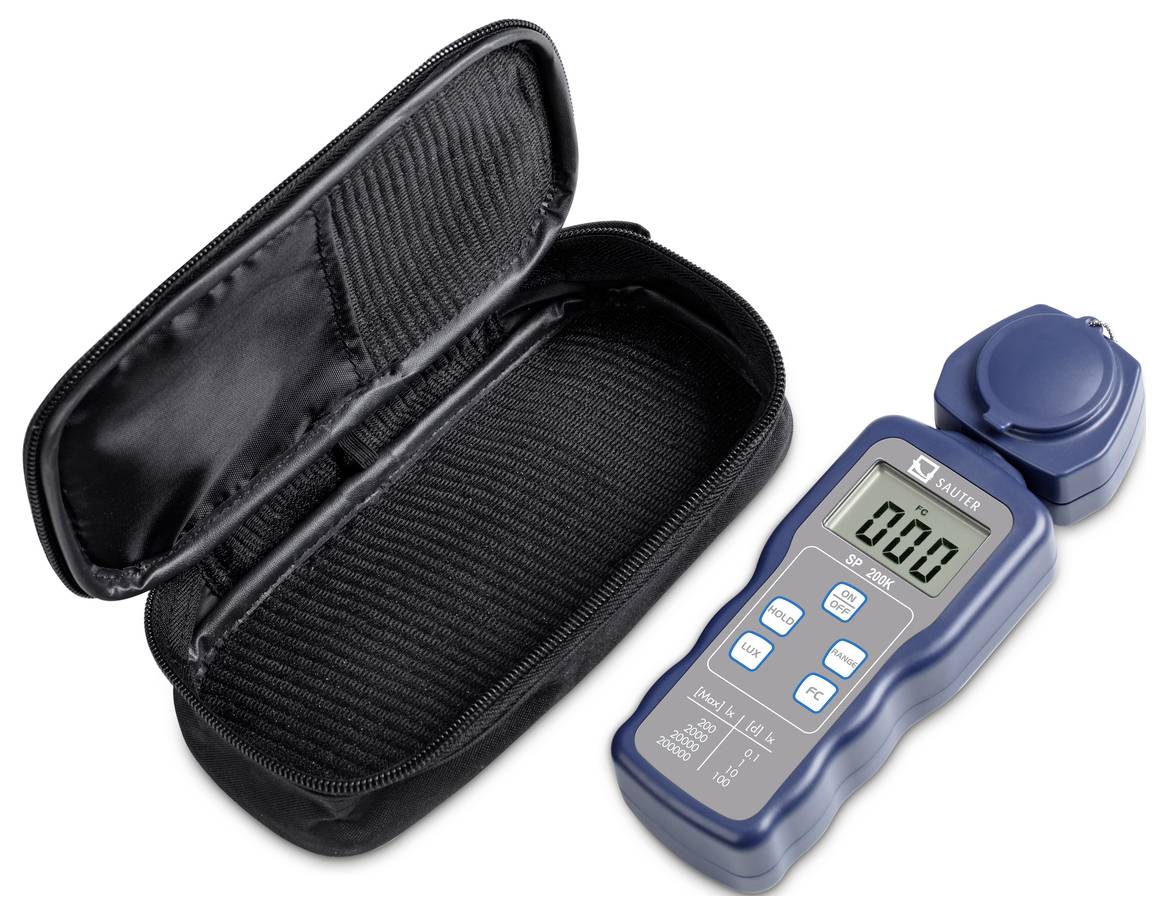 Digital gloss meter with blue casing and display, showing '0.0'; beside it a black, open protective case.