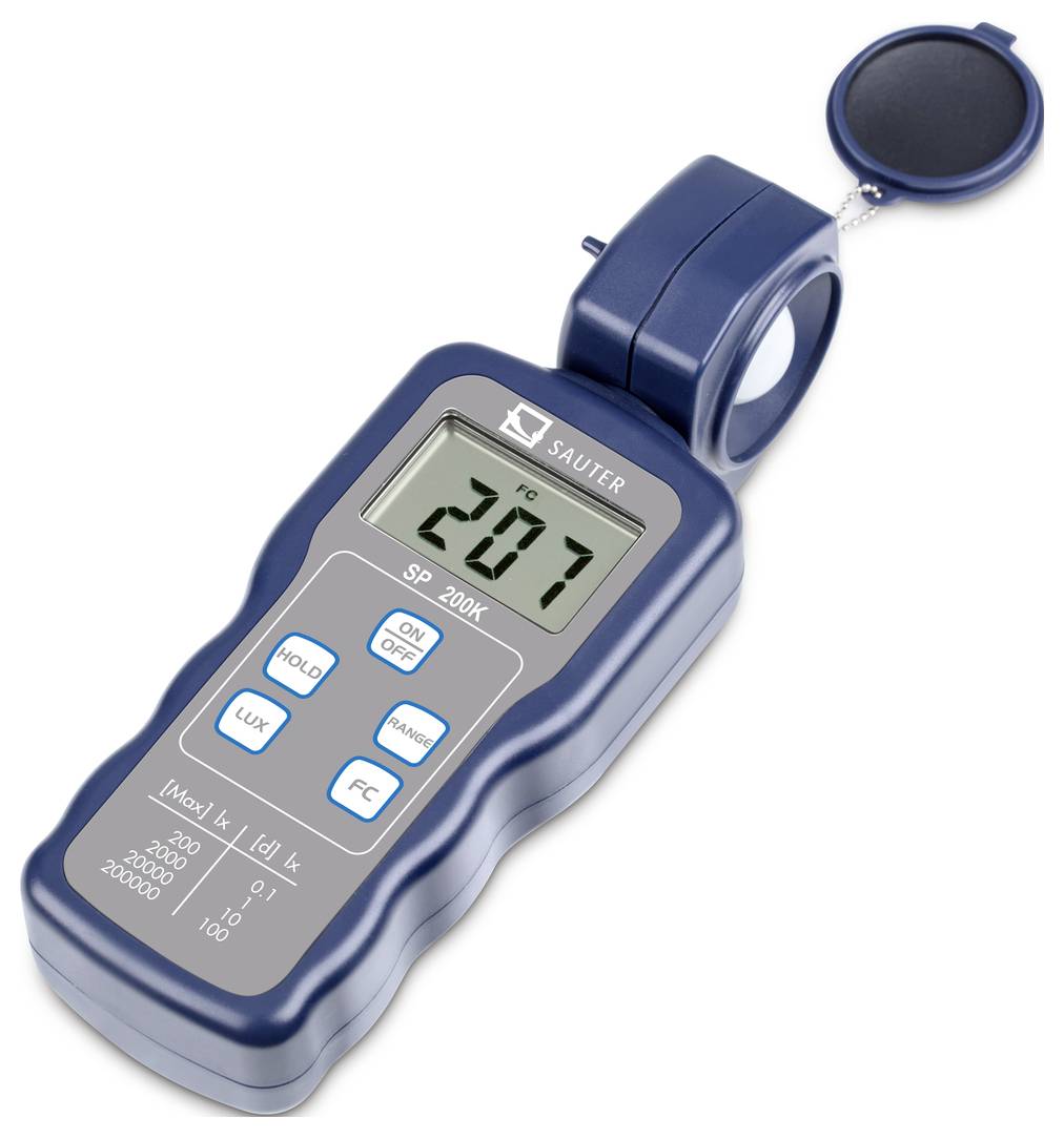 A digital light metre with display reading '207', buttons for ON/OFF, Mode, Lux/FC, and Hold. Sensor cap partially open.