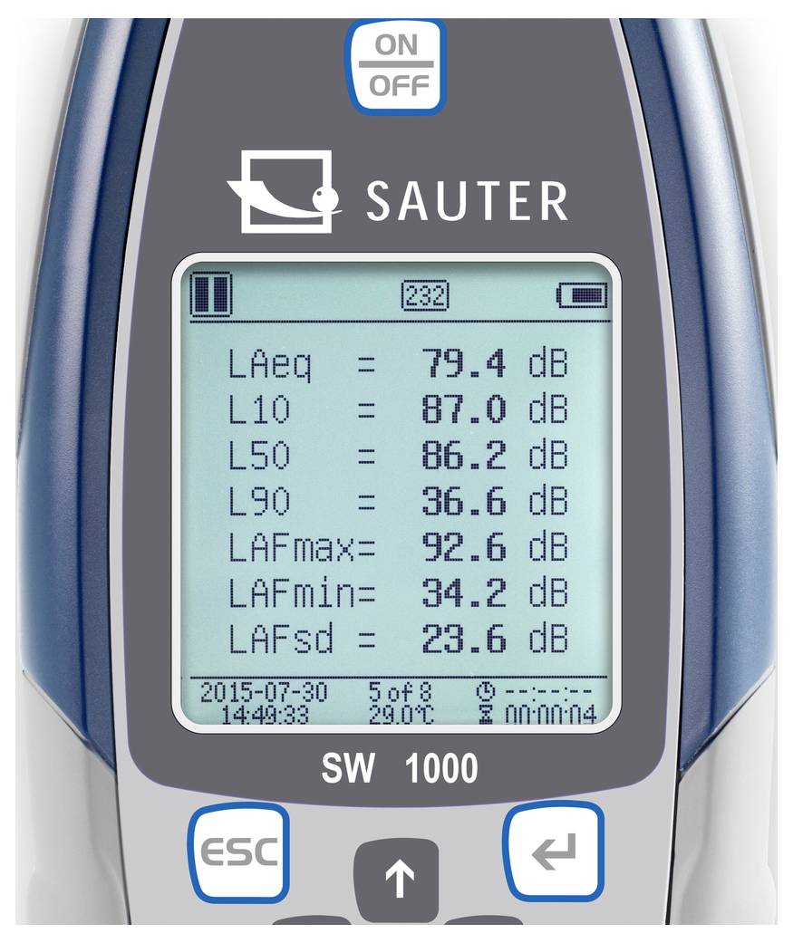 Measuring device screen shows sound levels in dB: LAeq = 79.4, L10 = 87.0, L50 = 36.6, L90 = 36.6. Further values and date below.