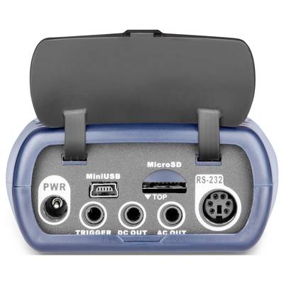 Device interface with ports: PWR, Mini USB, Micro SD, TRIGGER, DC OUT, AC OUT, RS-232. Black protective cover open.