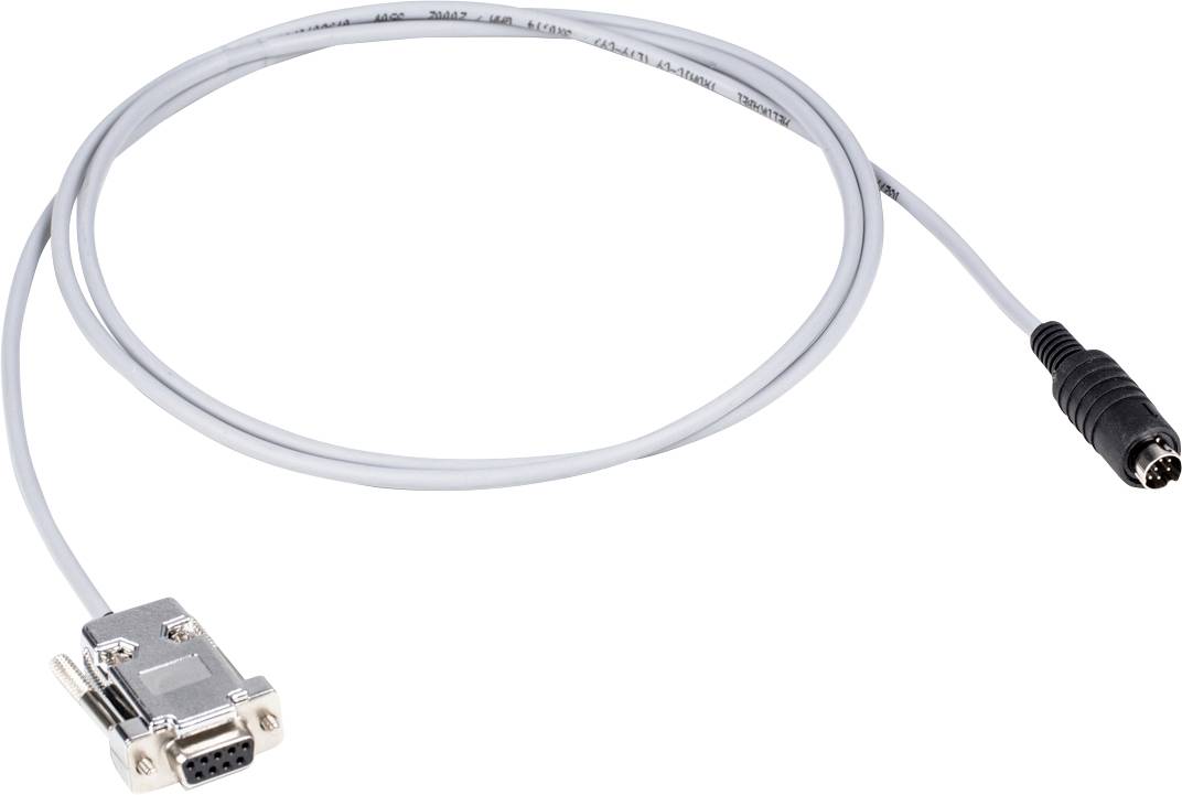 A grey cable with a serial DB9 plug at one end and a DIN plug at the other. Used for connecting hardware devices.