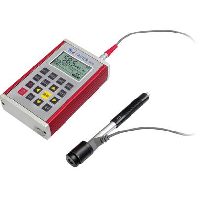 A digital measuring device with a display showing '50.5 HRC' and control buttons. A connected sensor is visible on the side.