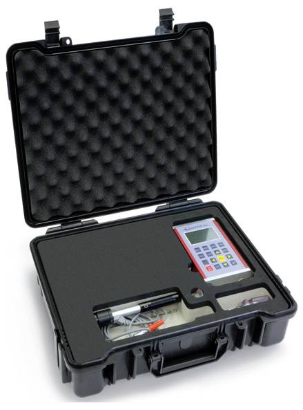 Briefcase with foam inserts that securely hold electronic devices and accessories, including a handheld scanner and a control panel.