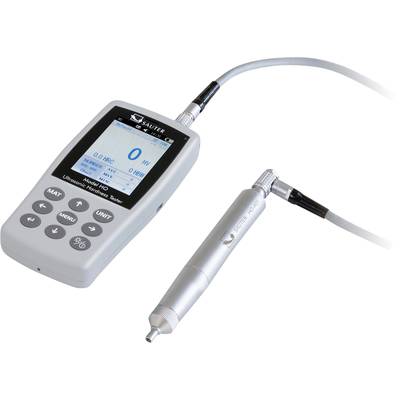 Portable ultrasonic hardness tester with digital display and connected measuring device, suitable for material hardness measurements.