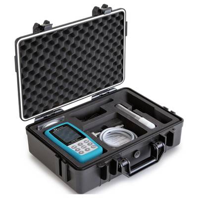 An open black case with foam lining displays a blue measuring device, cables, and other instruments for technical measurements.