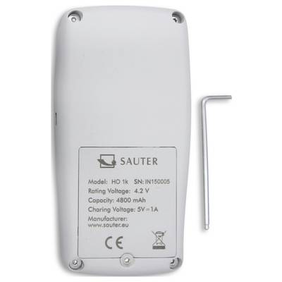 Back of a device with print: Model HO 1k, Voltage 4.2V, Capacity 4800mAh. Spanner beside it.