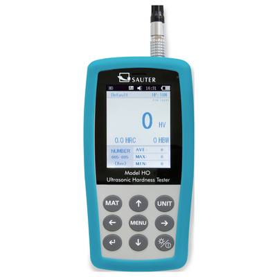Ultrasonic hardness tester by Sauter with digital display, showing hardness values and options for HRC, HV and HBW.