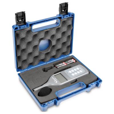 An open blue case with a foam interior displays a sound level meter, batteries, and a microphone cover (windscreen).
