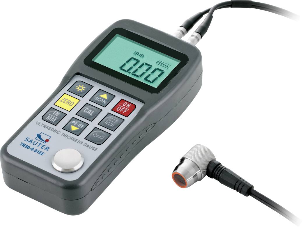 Ultrasonic thickness gauge by SAUTER with display showing '0.020'. Device buttons: Scan, Zero, Cal, On/Off. Sensor connected.