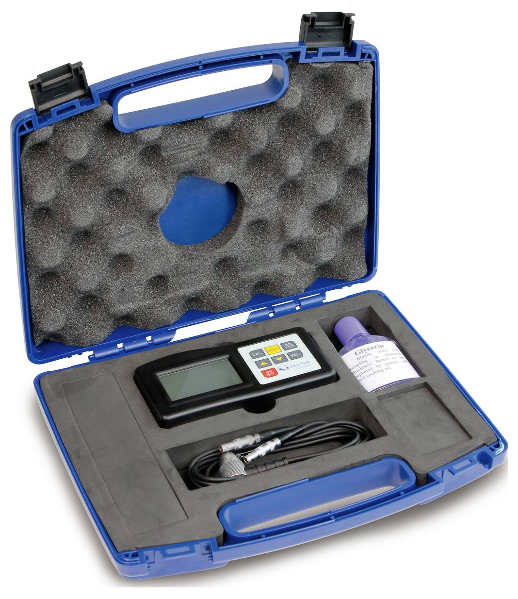 An open blue suitcase with foam cut-outs contains a digital measuring device, cables, and a bottle of liquid.