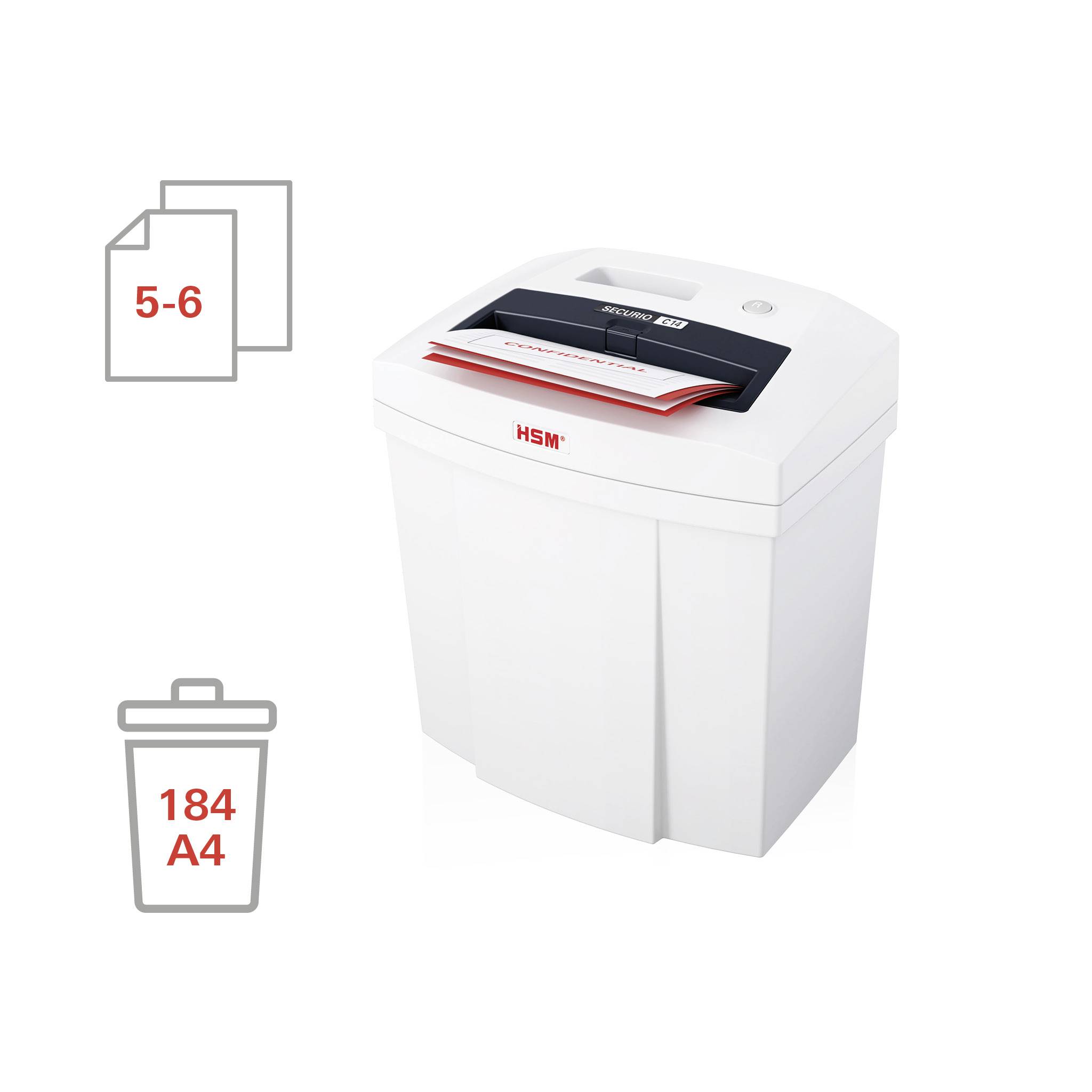 A white paper shredder with two documents inserted. Symbols indicate that the shredder can handle 5-6 sheets and up to 184 A4 pages can be collected.