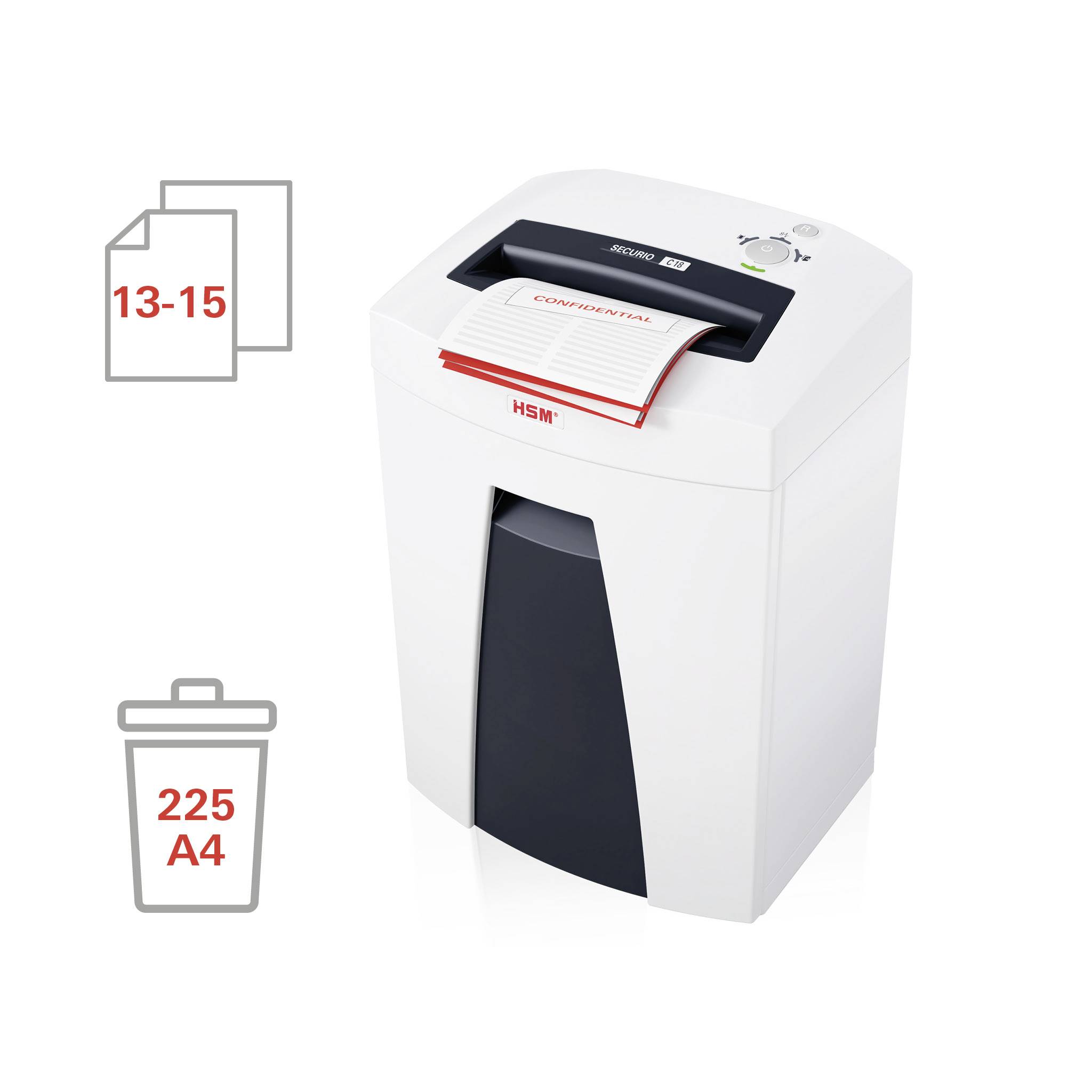 A white paper shredder with a document marked as 'Confidential' lying on top. Symbols indicate capacity: 13-15 sheets, 225 A4.