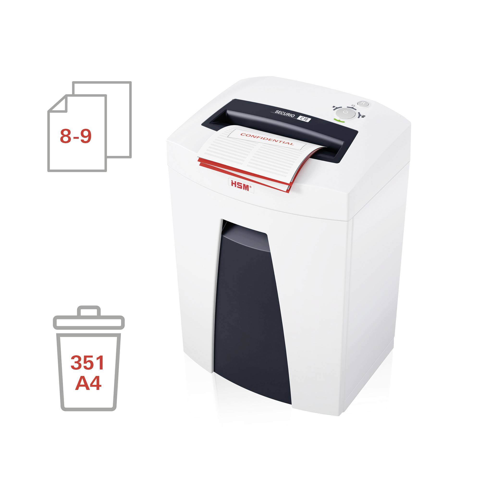 Office paper shredder, showing a document shredder with a 'Confidential' document, capacity: 8-9 sheets, collection bin: 351 A4 pages.