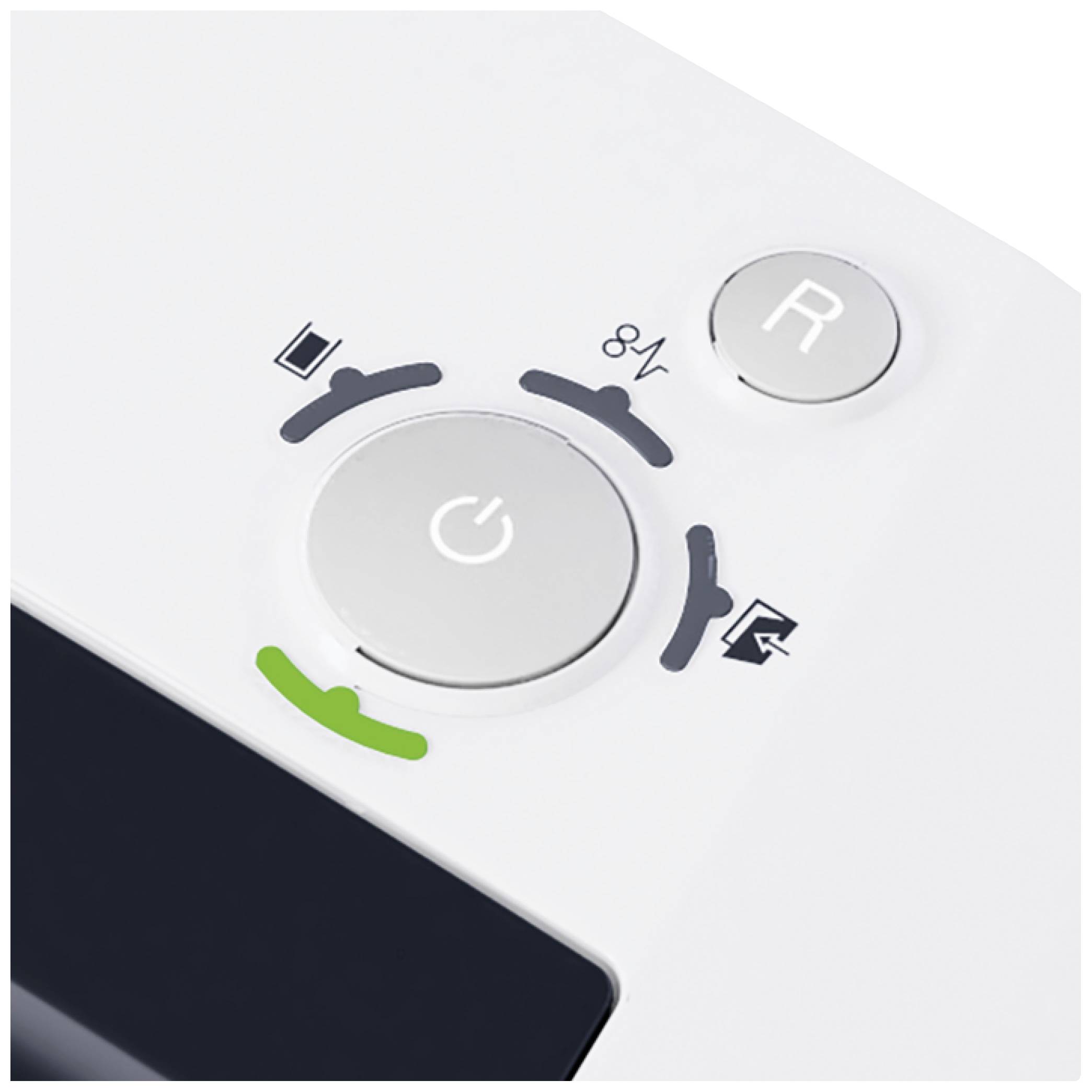 A printer control panel with a large power button in the centre, surrounded by symbols for print, copy, and paper status.