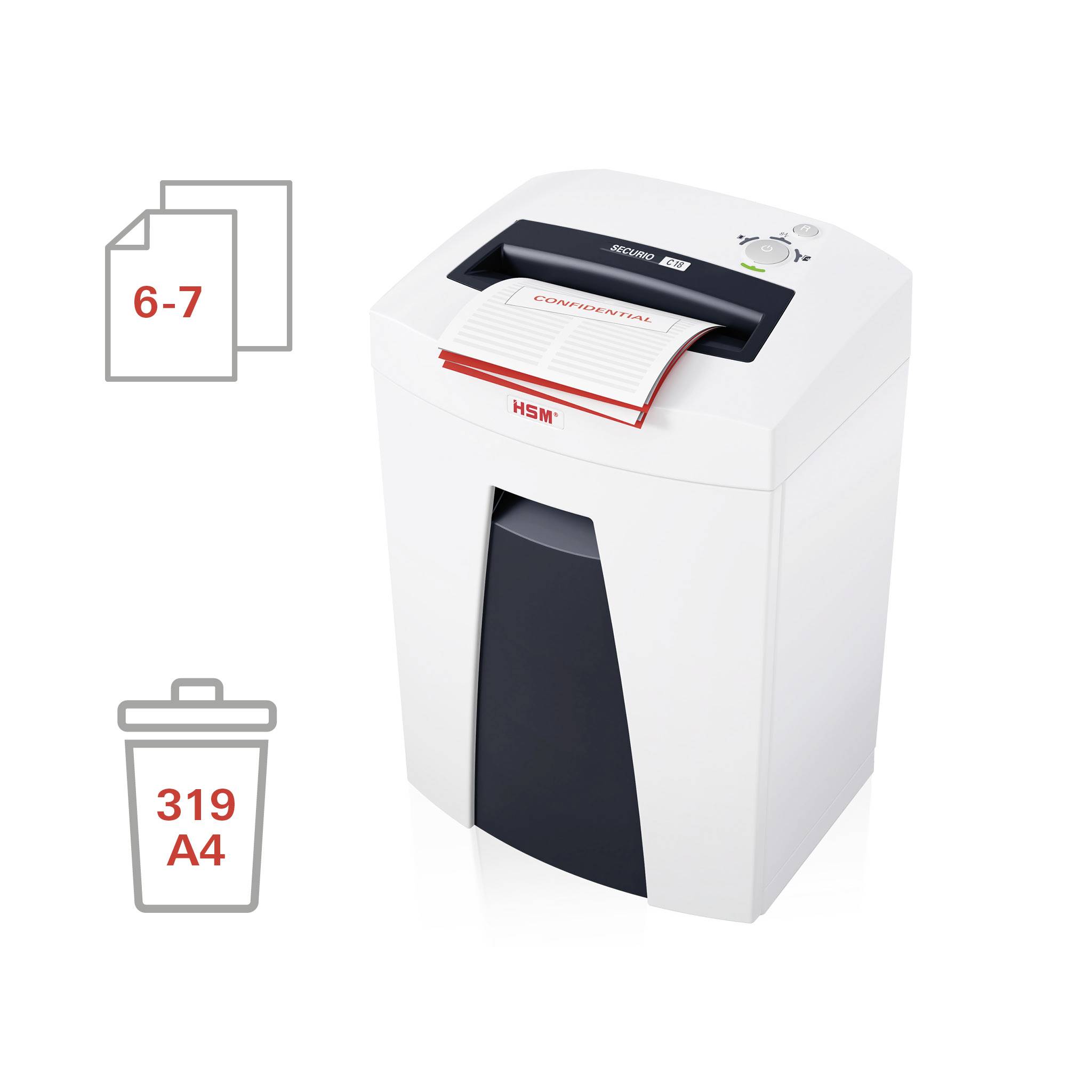 A white paper shredder with a stack of papers, labelled 'CONFIDENTIAL', shows a capacity of 6-7 sheets and 319 A4 pages.