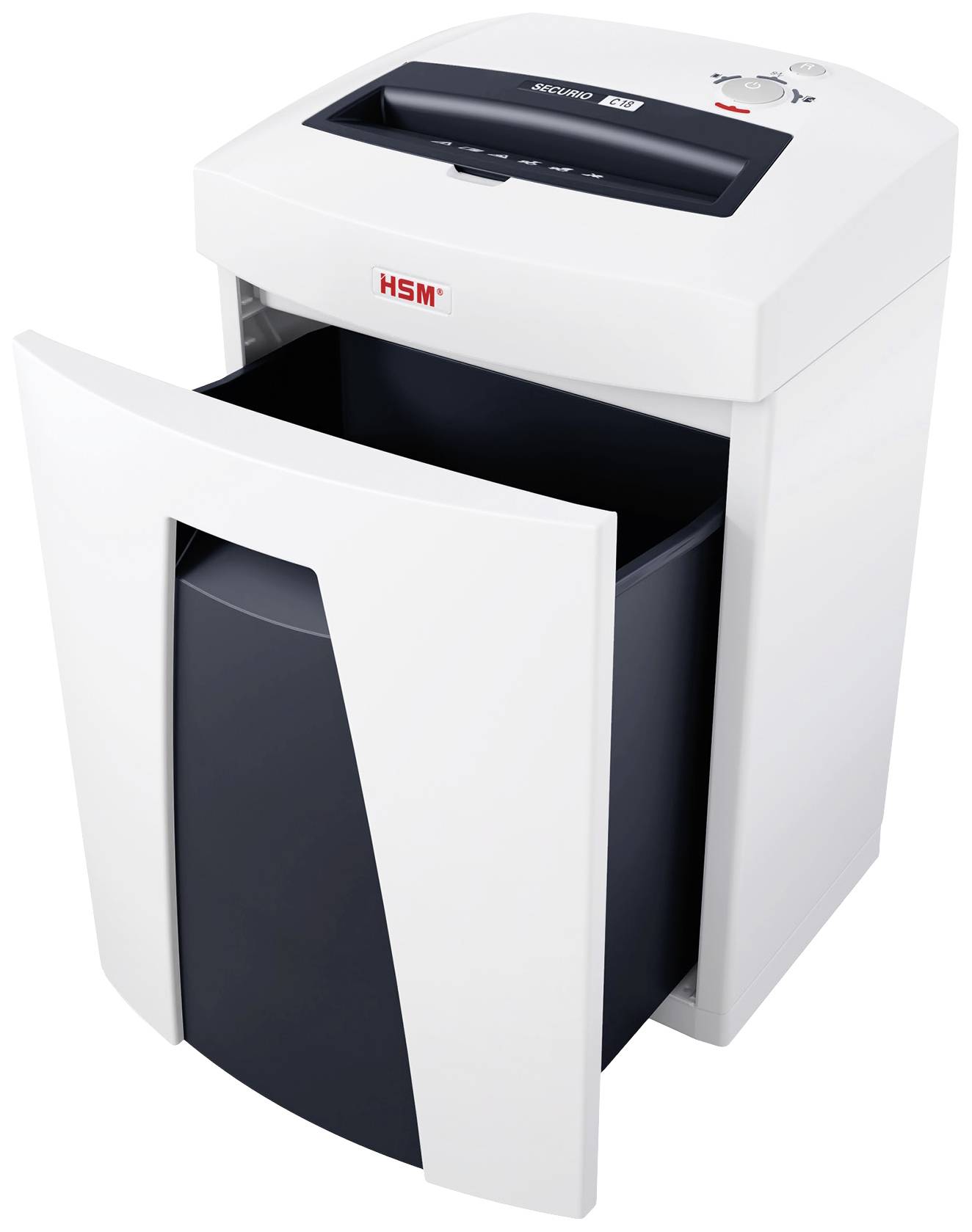 A white paper shredder with an open container, ready to be filled. The paper slot is located at the top.