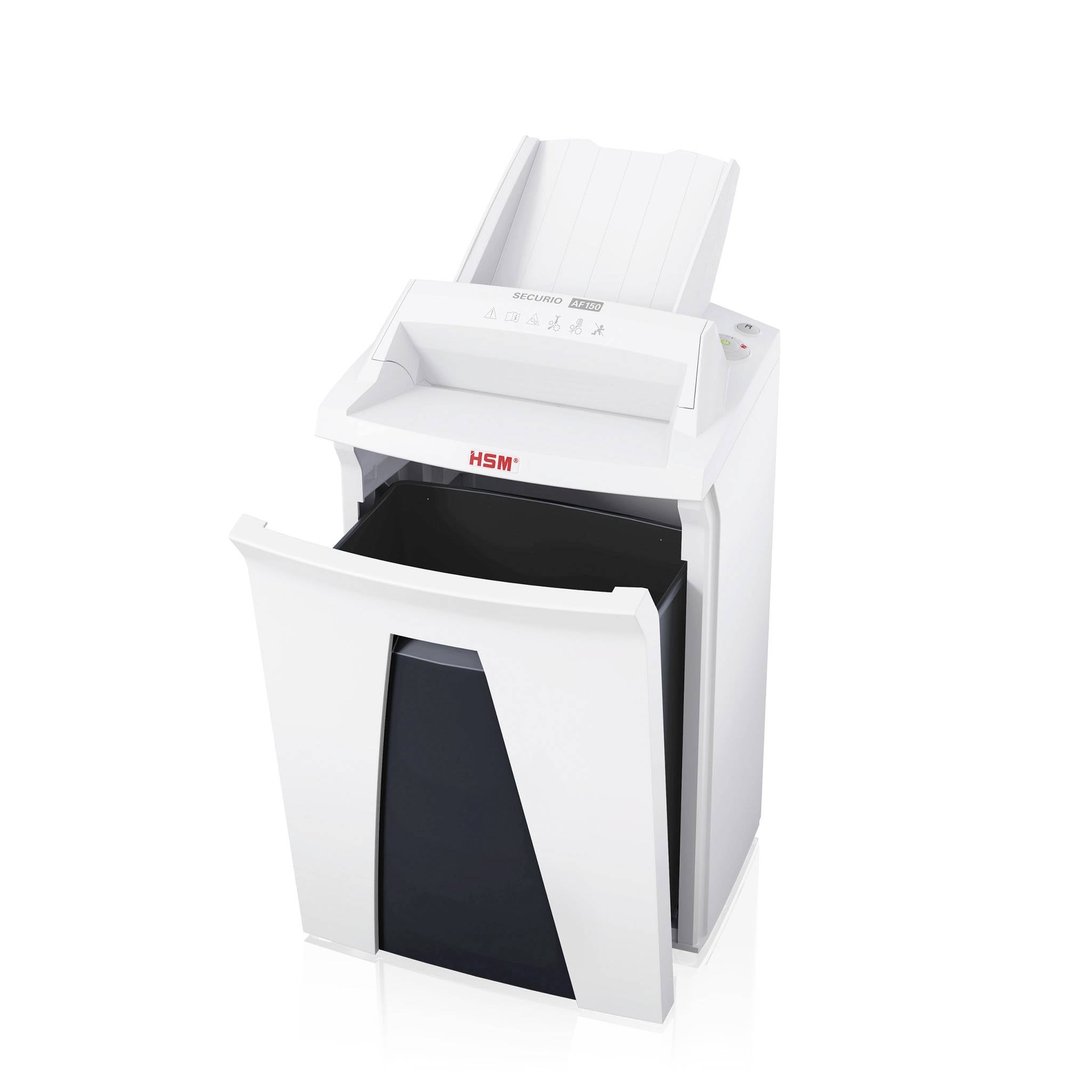 A HSM office paper shredder with an open collection bin and paper feed, suitable for destroying documents.