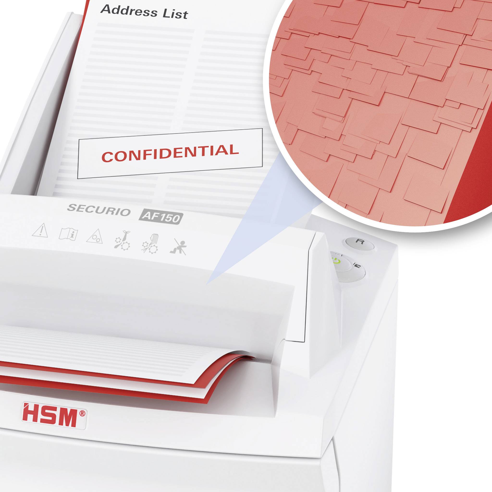 A document stamped 'CONFIDENTIAL' is being destroyed in an HSM shredder. The detailed image shows shredded paper.