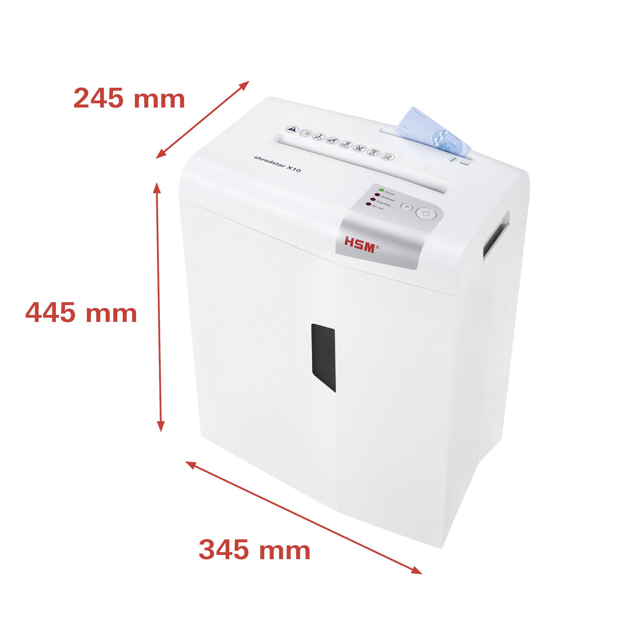 A white paper shredder by the brand 'HSM', model 'Shredstar X10'. Dimensions: 245 mm width, 445 mm height, 345 mm depth.