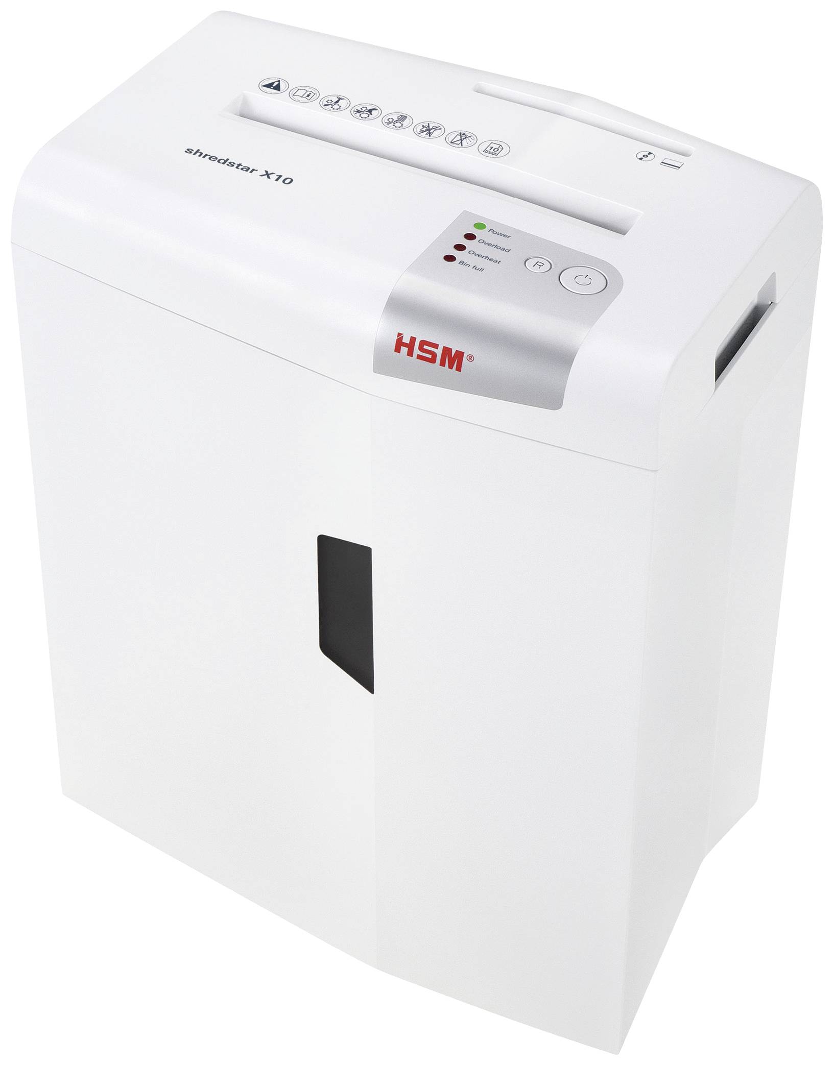 White paper shredder by HSM, Shredstar X10 model, with button and indicator lights on the top and paper feed slot.