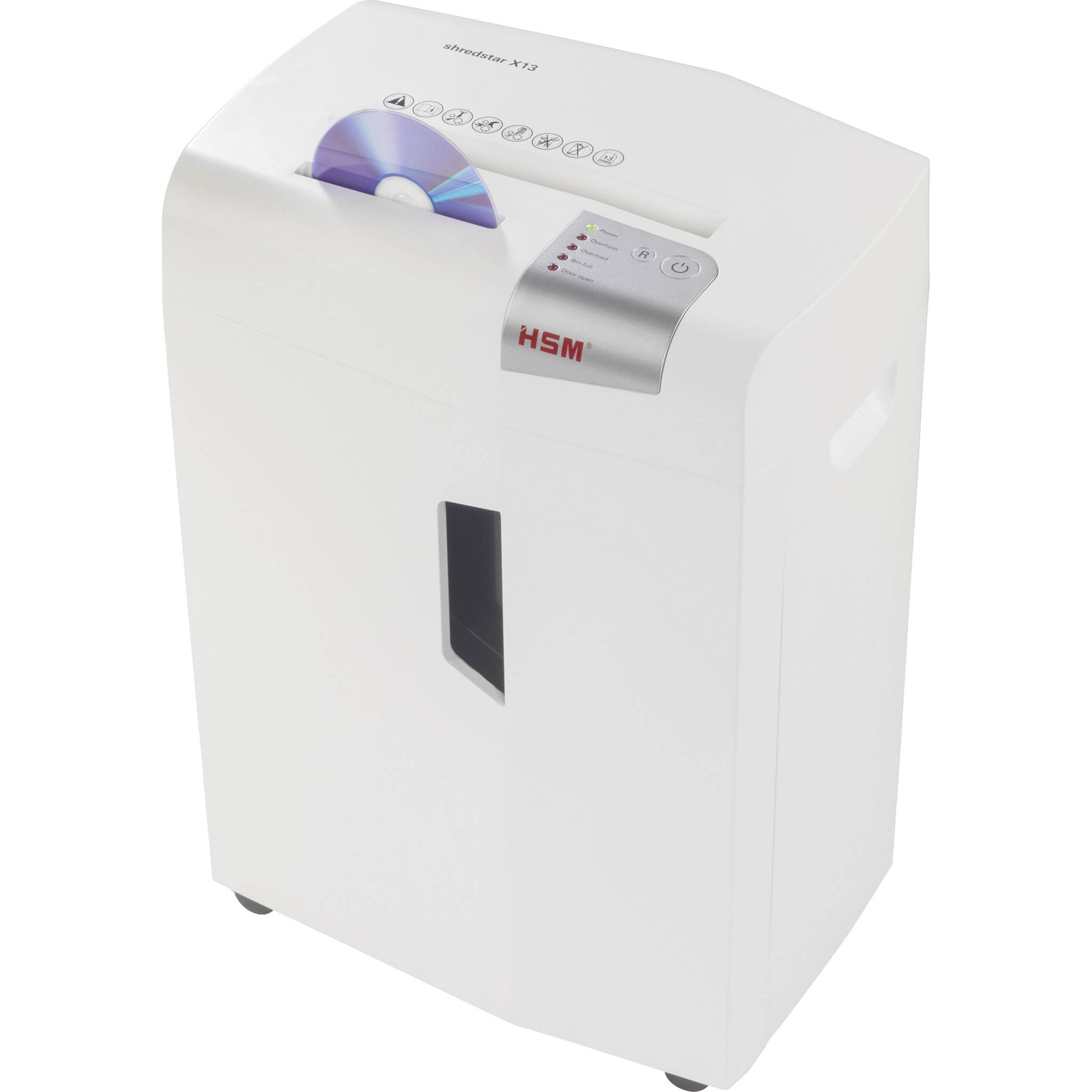 A white paper shredder with CD-shredding function. Brand logo 'HSM' on the front, control buttons visible on the top.