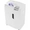 A white paper shredder with CD-shredding function. Brand logo 'HSM' on the front, control buttons visible on the top.