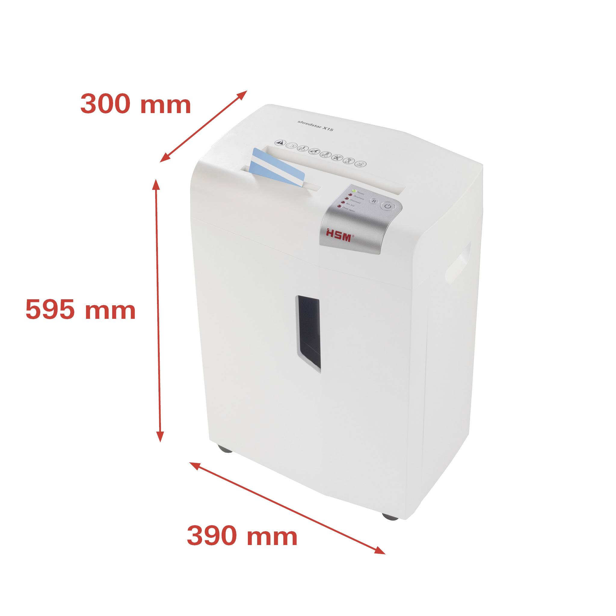 A white paper shredder measuring 390 mm in width, 300 mm in depth, and 595 mm in height. Control buttons are located on the top.