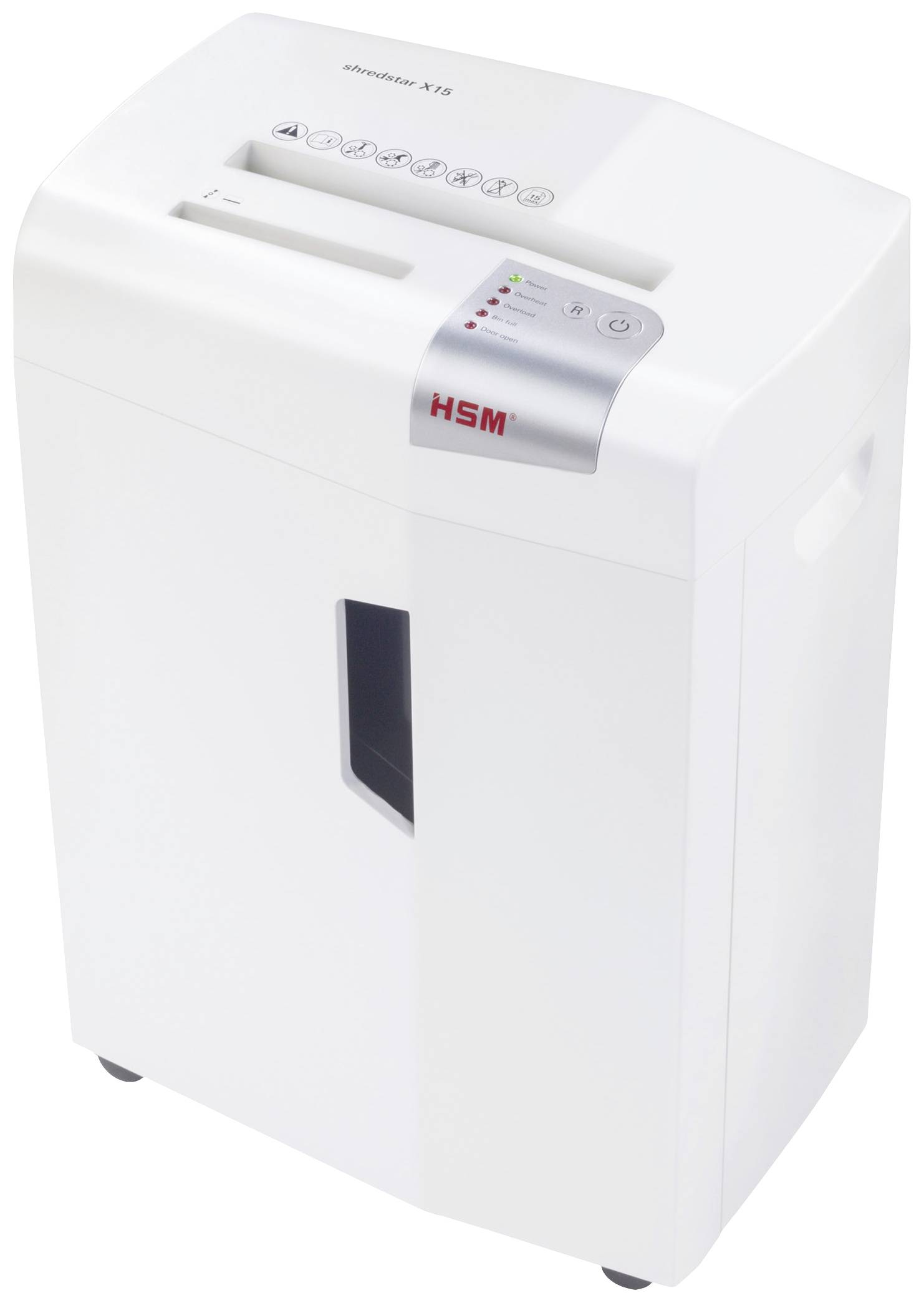 A white paper shredder with the inscription 'HSM shredstar X15'. It has a control panel with buttons and LED indicators on top.