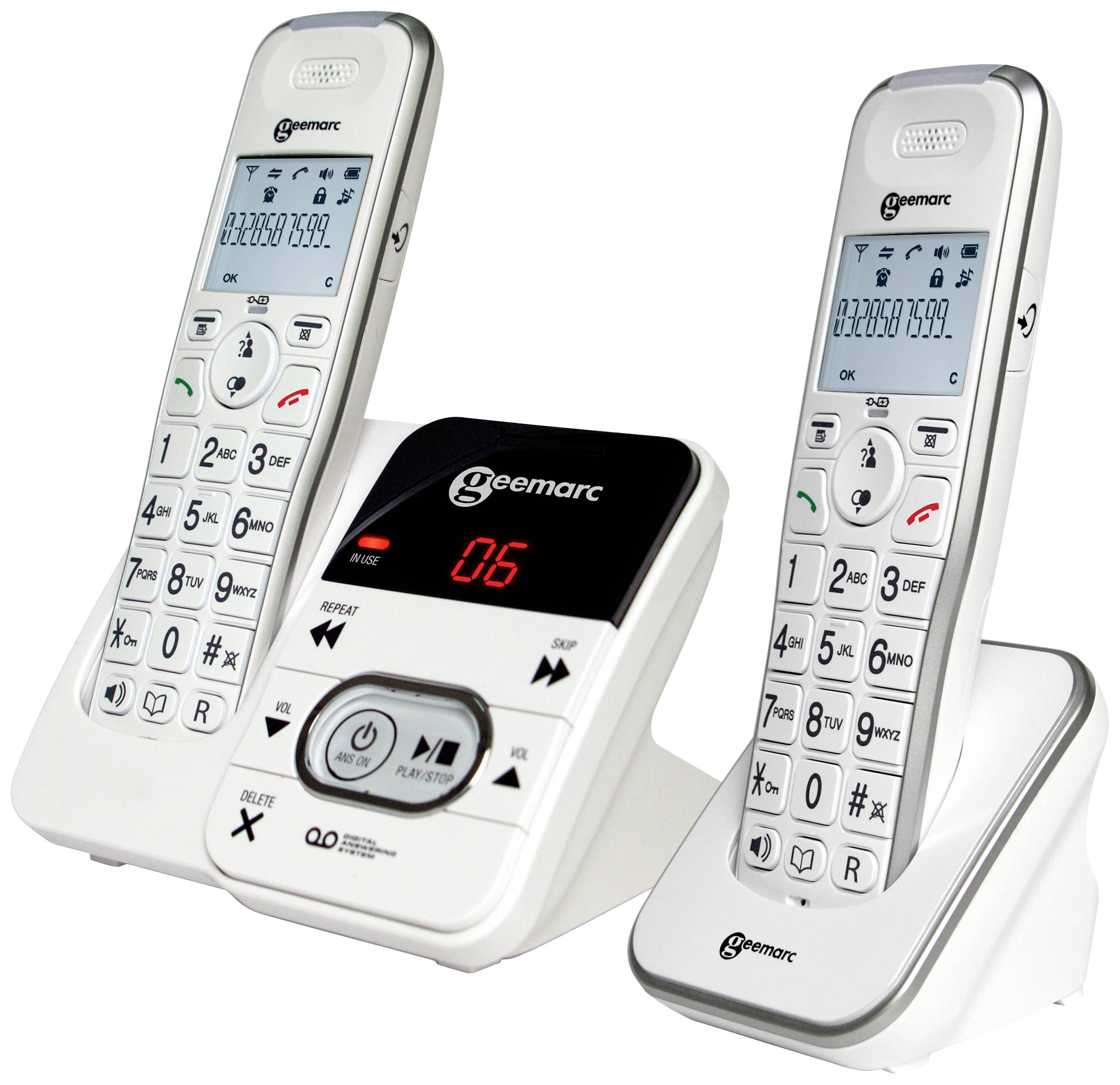 Two cordless phones and a base station with answerphone, large-number buttons for easy operation.