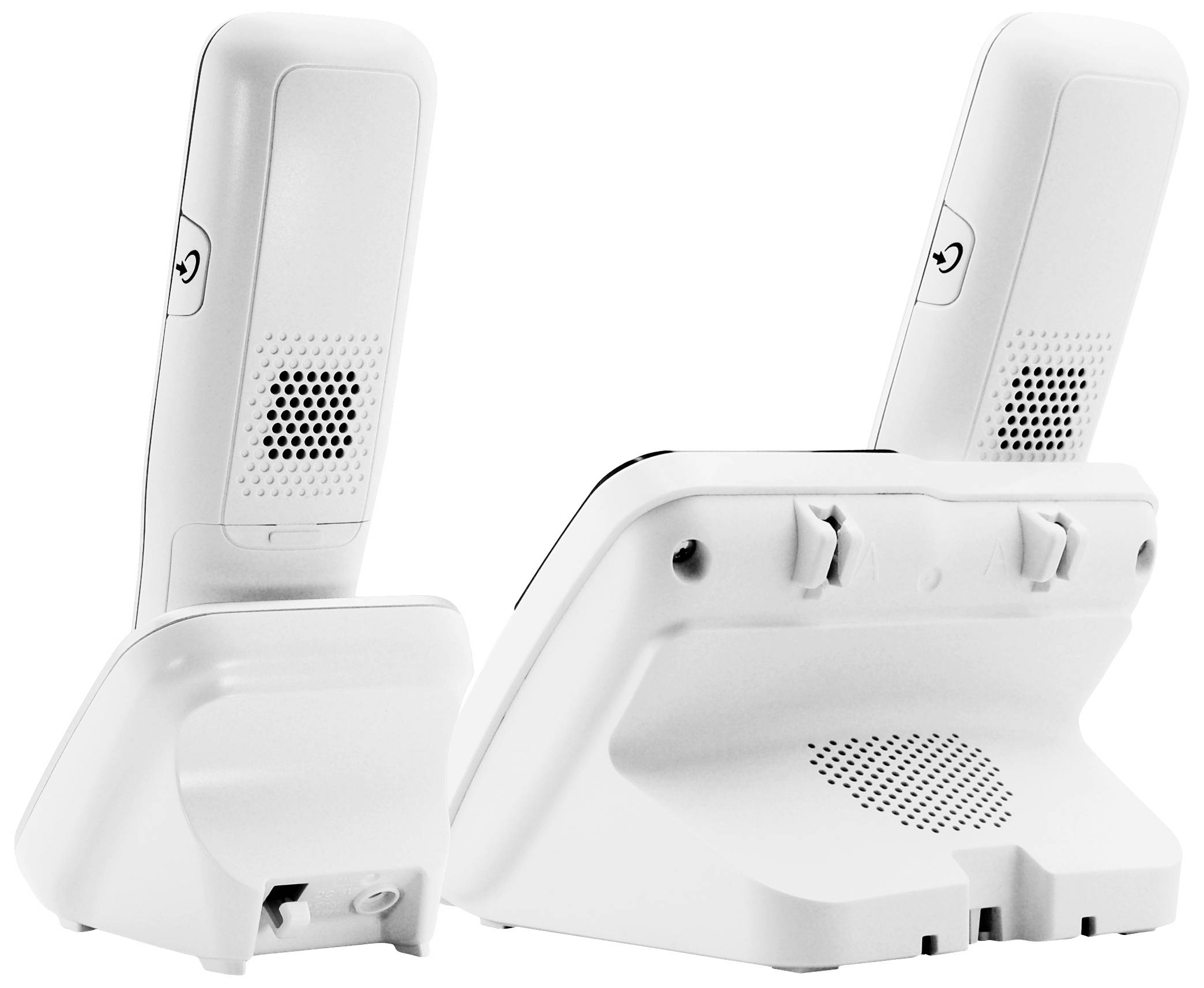 Two white cordless phones in a charging station, handsets with speaker visible. Suitable for use in the office or at home.