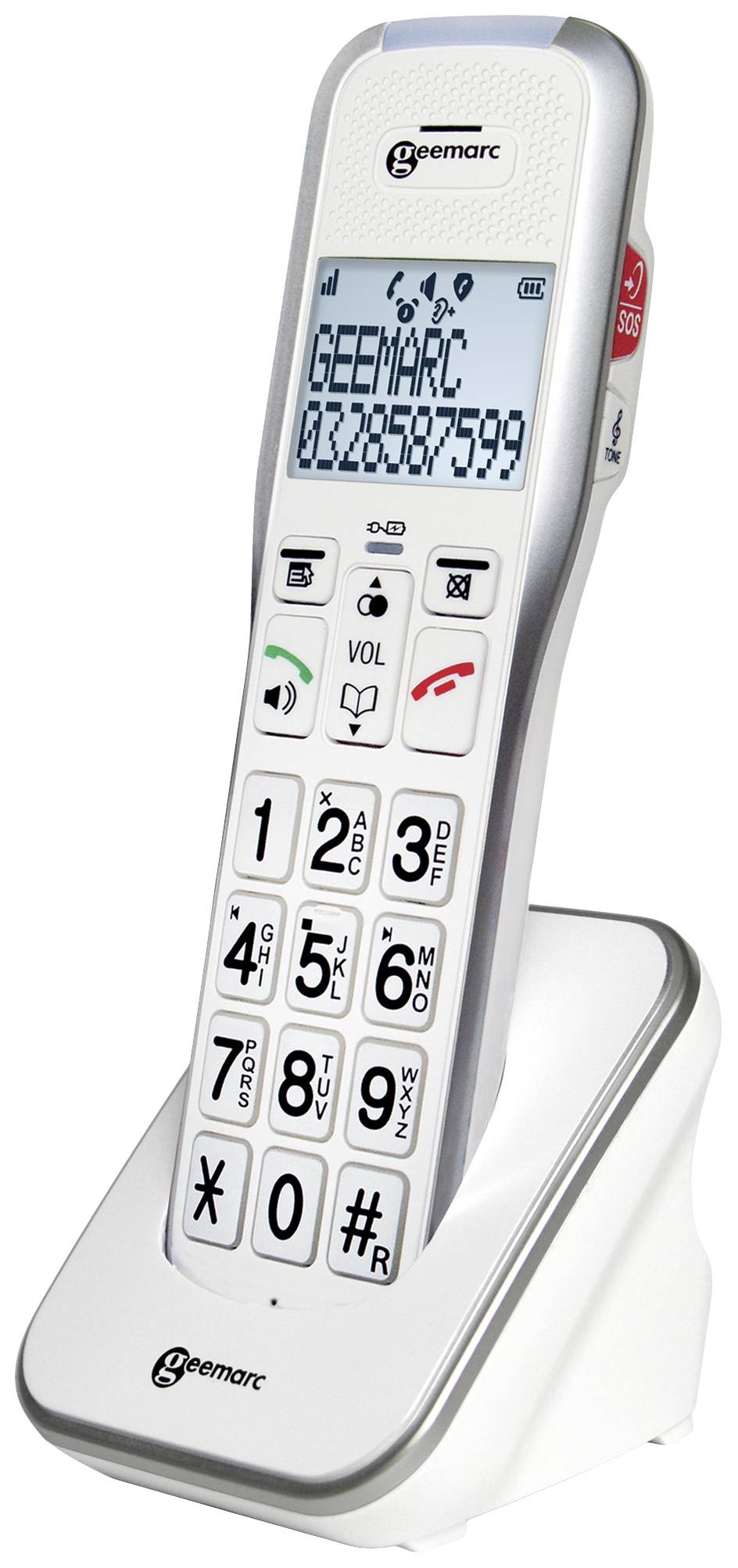 Cordless telephone with large buttons, illuminated display, and base station. Ideal for people with visual impairments.