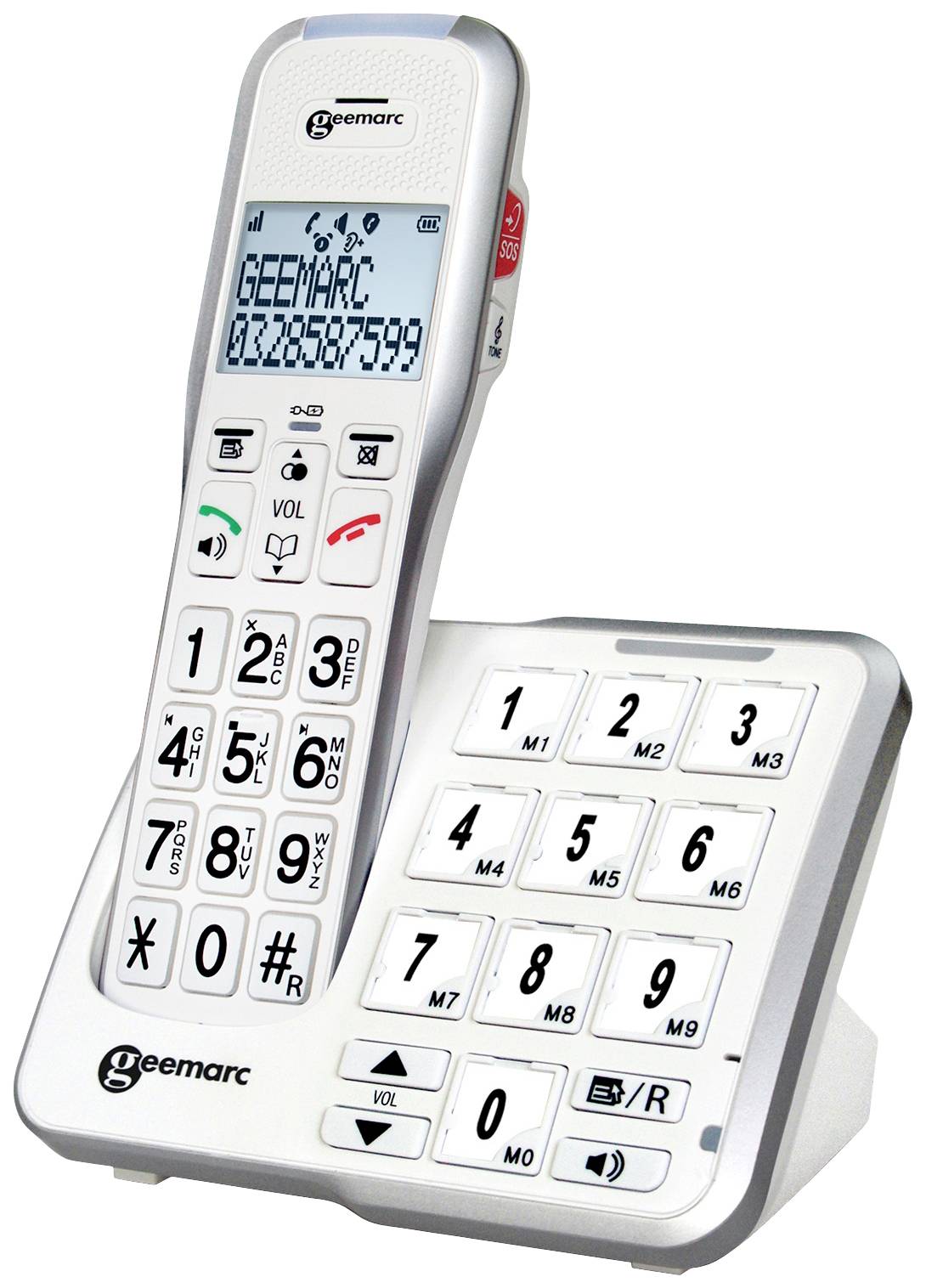 Landline telephone with large buttons and digital display, showing number '03306875999'. Includes volume control and direct dial buttons.
