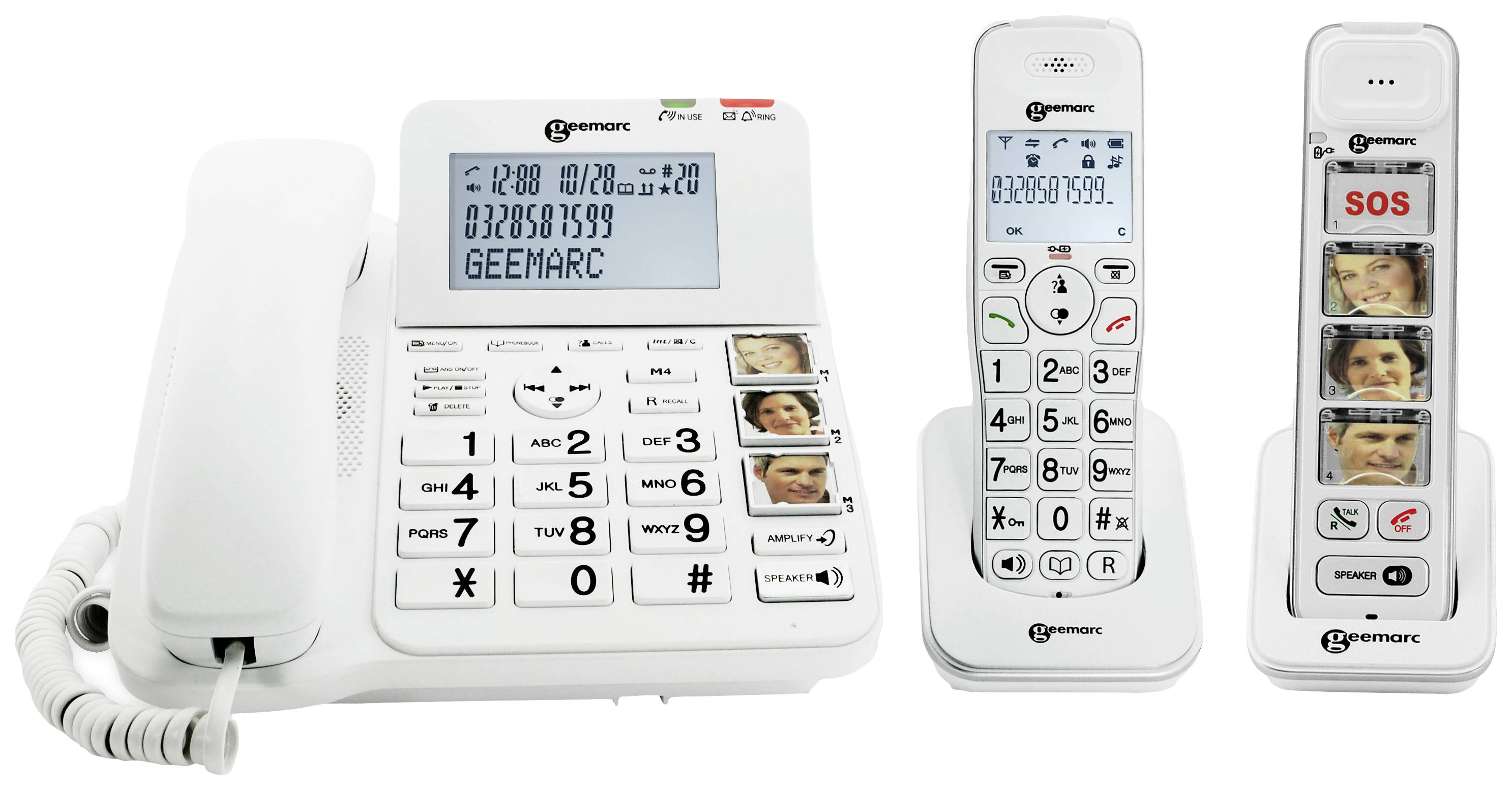 Three-piece telephone set with large buttons and visual options for seniors; includes landline phone and two cordless handsets.