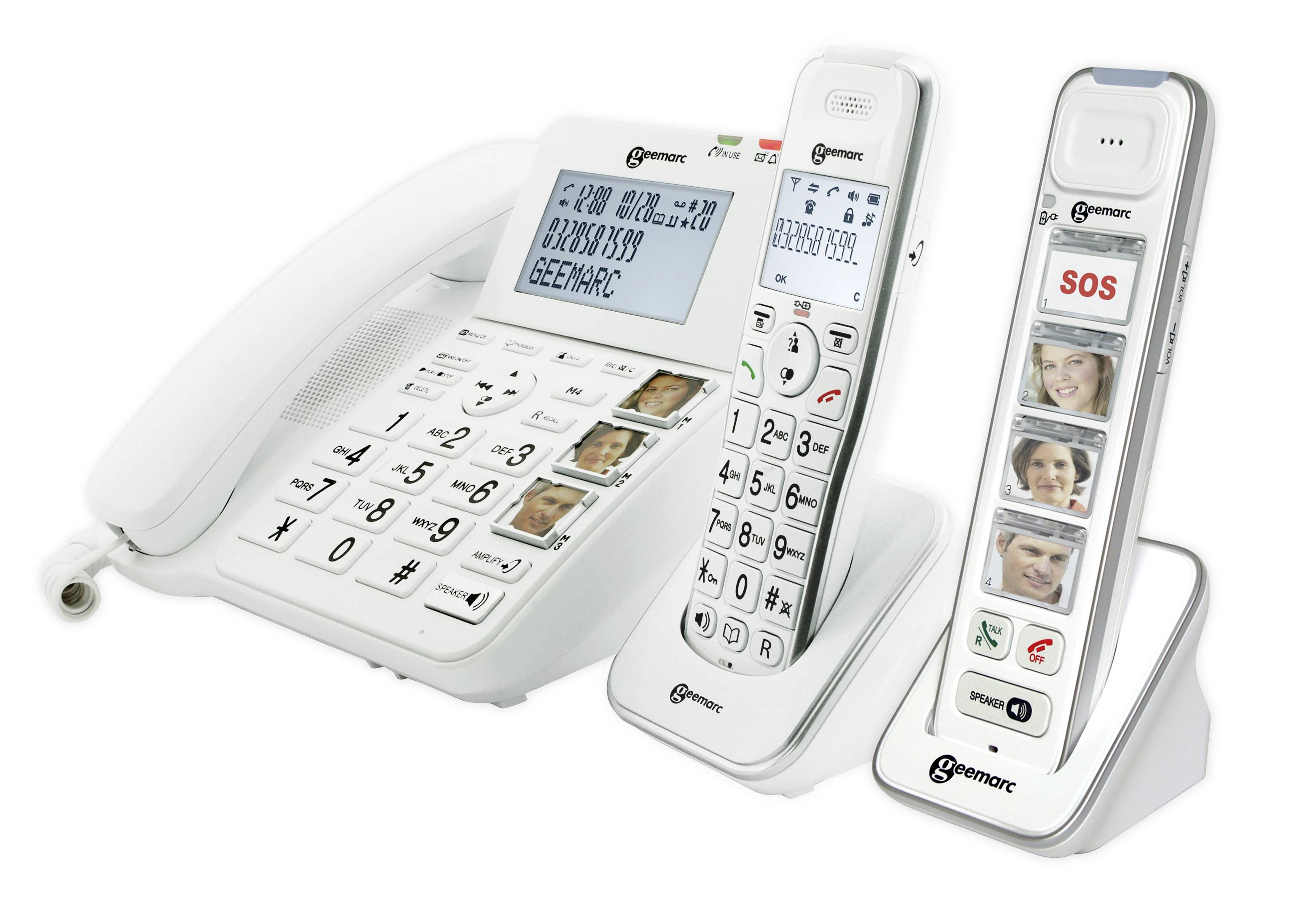 Three white senior mobile phones with large buttons, an SOS button and photo speed dial keys. Ideal for easy operation.