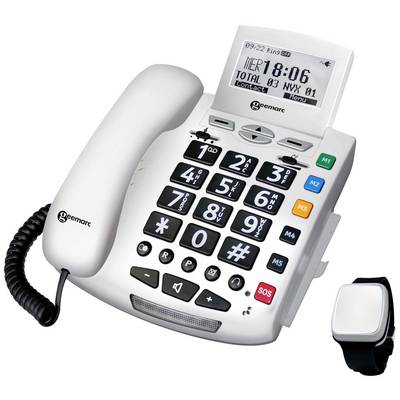 Cordless telephone with large buttons and display. Shows time, number of calls, and total call time. Includes SOS button and wristband.