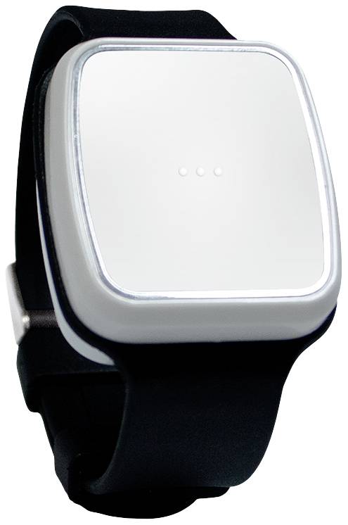 Modern wristwatch with a simple, rectangular dial without numerals or hands, black strap.