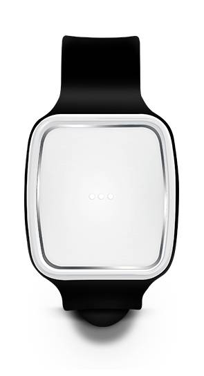 A modern, black smartwatch with a square display. The display is switched off, and the watch has a minimalist design.