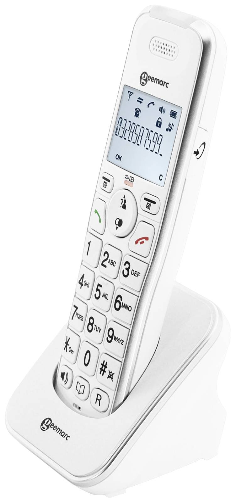 A cordless, white landline telephone on a charging station. The display shows a telephone number.
