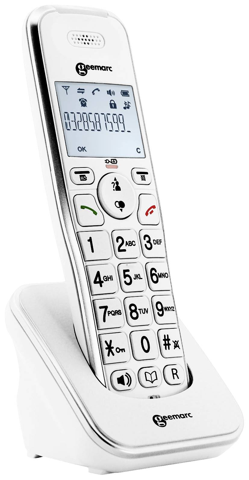 Cordless telephone on charging base with large buttons. The display shows a telephone number.