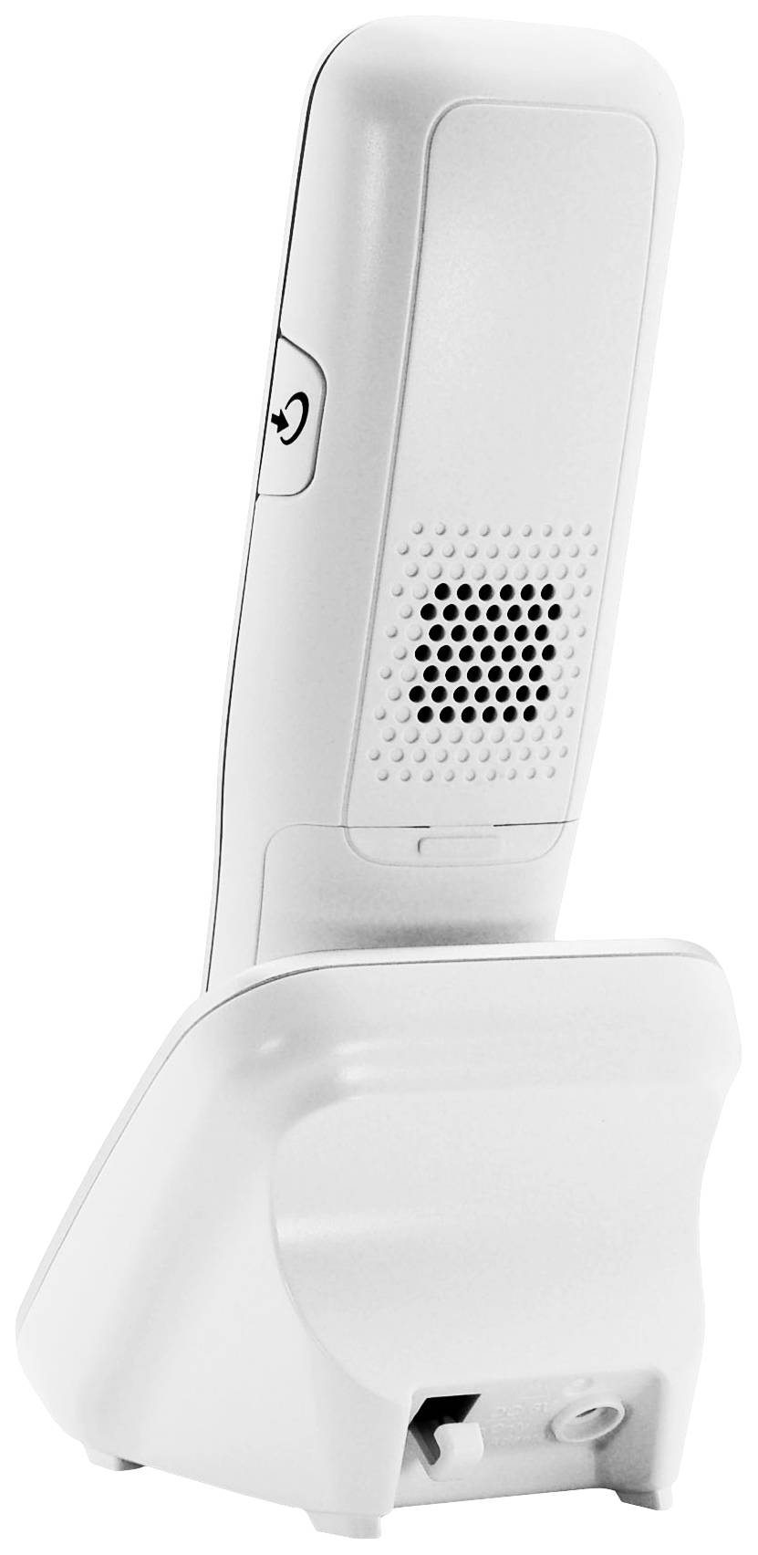 Telephone handset in a charging cradle, side view, white design, buttons visible.