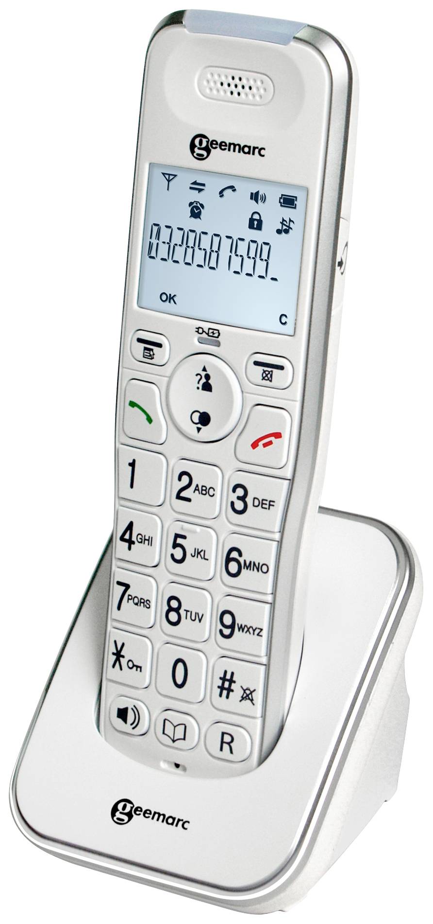Cordless telephone with large buttons and an illuminated display where a call is being made.