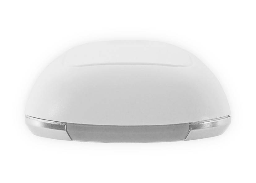 A white computer mouse with a slim, minimalist design and two visible buttons.