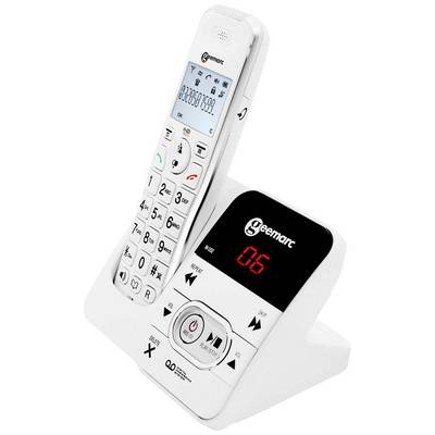 Cordless telephone with large keypad and illuminated display on a base station. Answering machine with digital display on the station.