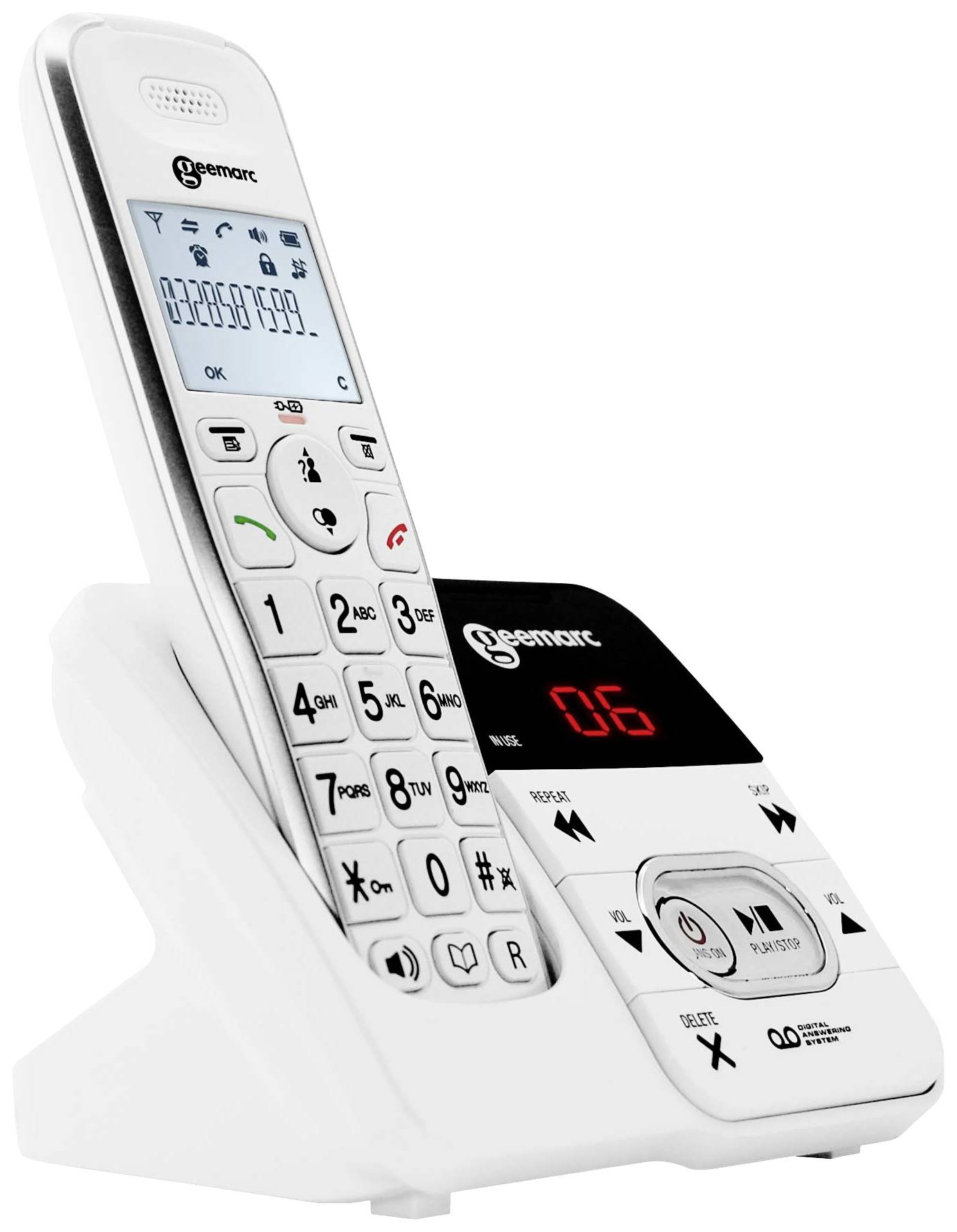Cordless telephone on charging station, illuminated display with caller ID, large buttons.