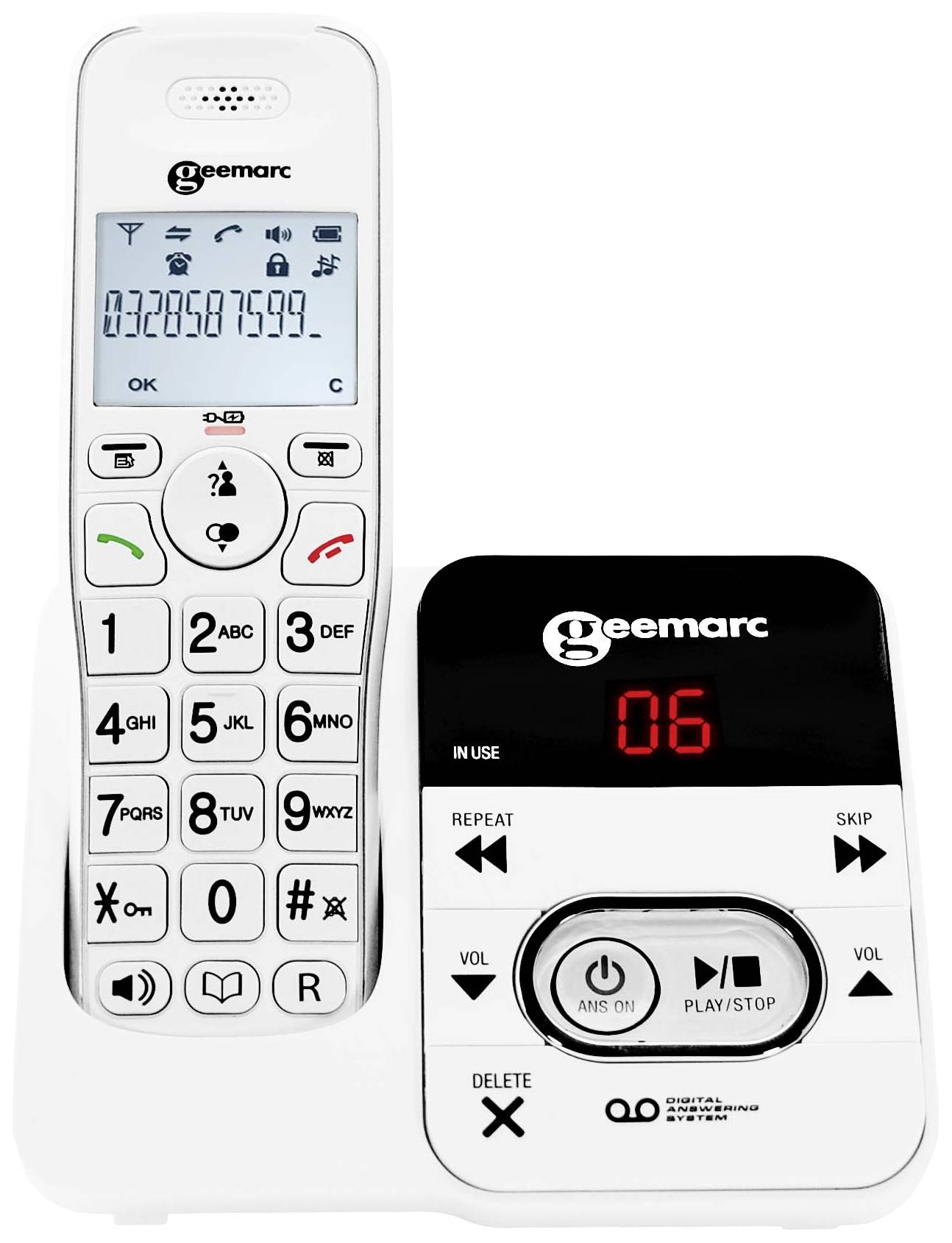 Cordless telephone with base station. Large display and buttons for easy operation. Display: Handset icon, telephone number 0320887599.
