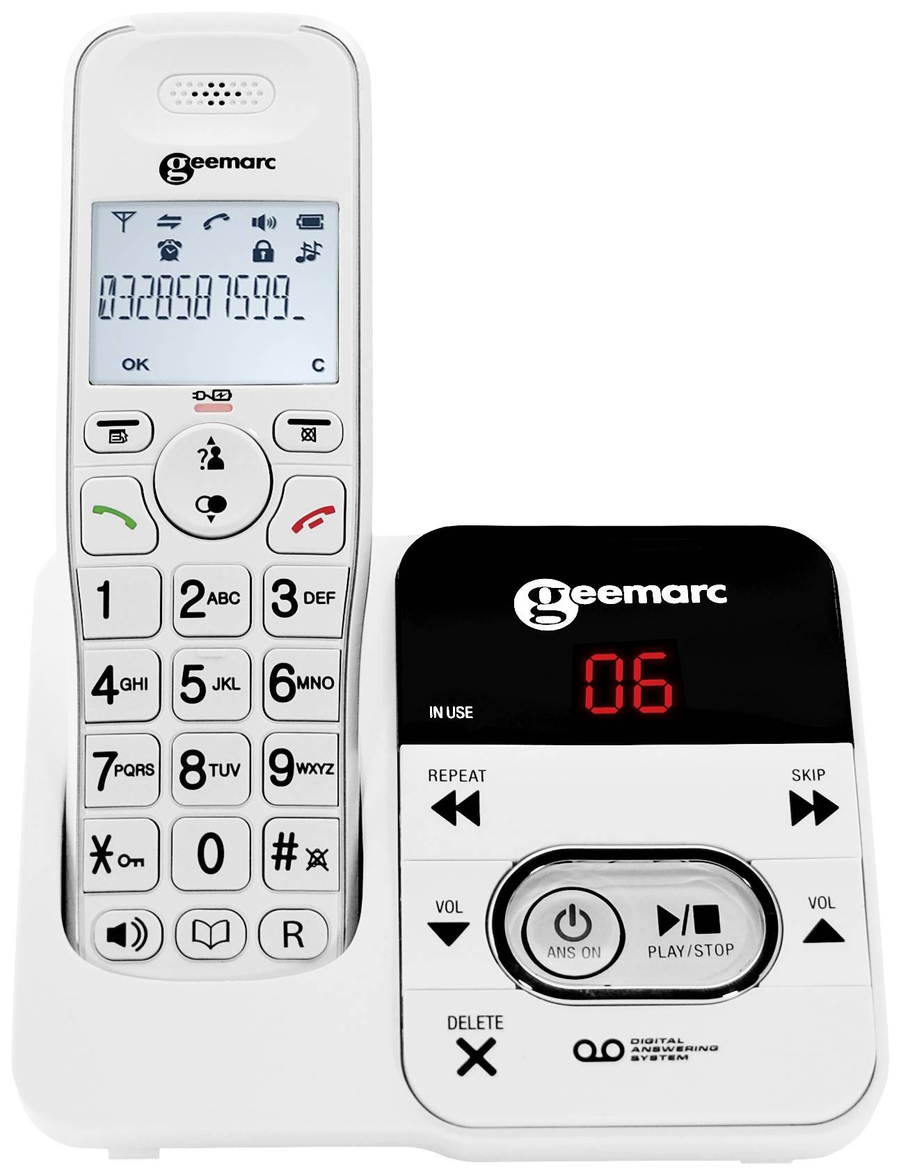 Cordless telephone with base station. The display shows "032087599". Large number pad and digital answering machine displayed.