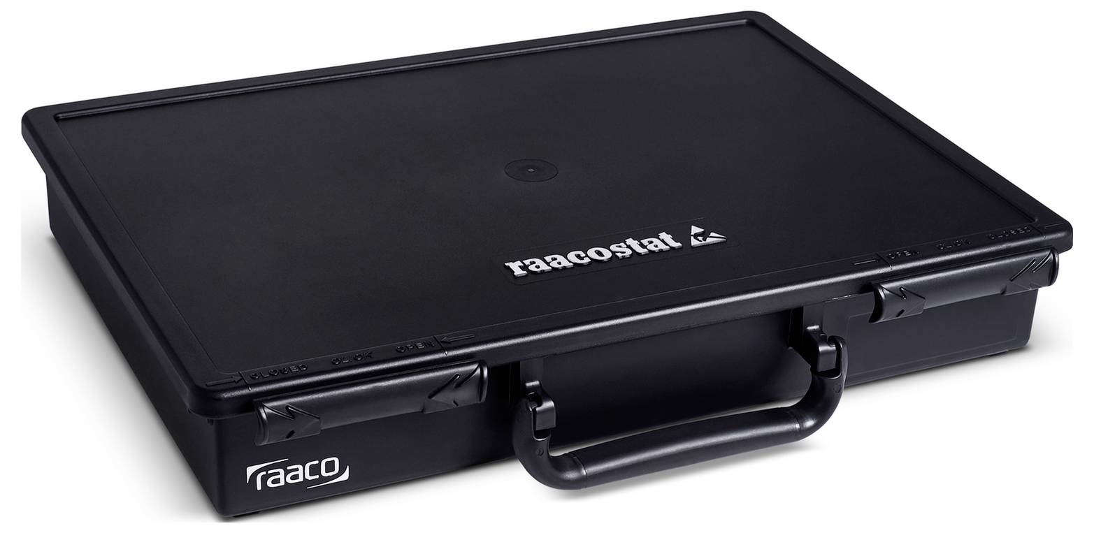 A black Raaco storage case with a handle, featuring 'raacostat' branding on the lid.