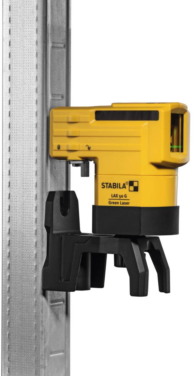 'Stabila LAX 50 G spirit level' mounted on a support strut. The device is yellow and is used for precise alignment.