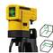 A yellow laser measuring device with a green light beam, mounted on a black tripod. Two illustrations of its application on the right.