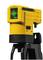 A yellow laser level device mounted on a black tripod, displaying green cross-line laser light, used for construction work.